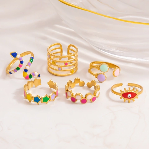 Mode Edelstahl Gold Überzogen Emaille Offener Ring Für Damen Böser Blick Schlange Stern Geometrisch Verstellbar INS Schmuck