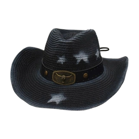 Western Cowboy Straw Hat Vintage Star Print Sun Shade Beach Summer Vacation Hat With Metal Bull Head Buckle And Leather Band