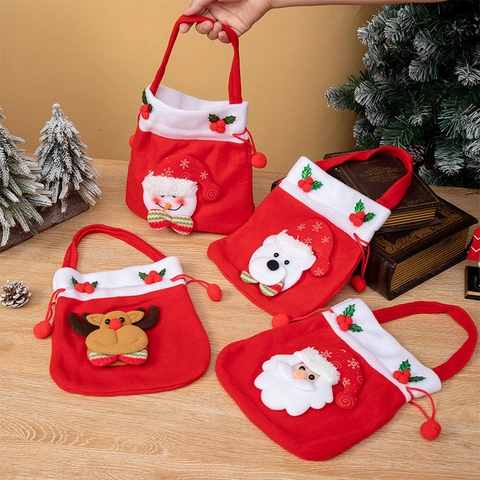 Christmas Gift Bag Felt Drawstring Tote Cartoon Santa Snowman Reindeer Holiday Party Favors Handheld