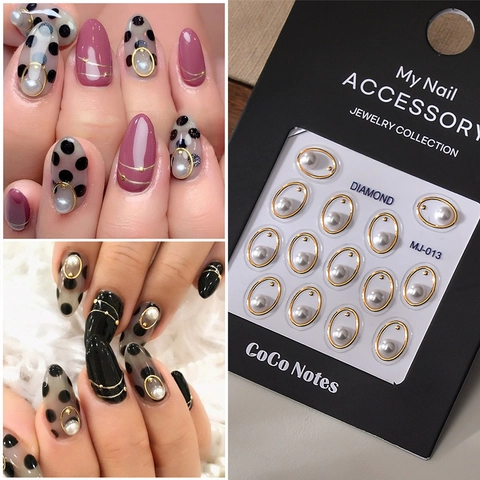 Ovale Nagelkunst Aufkleber Mit Künstlichen Künstliche Perlen Legierung Metallrahmen DIY Luxus Maniküre Dekoration