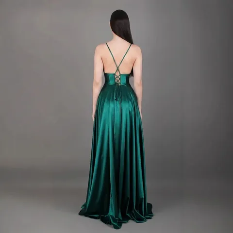 Abito Da Sera In Raso Da Donna Scollo A V Profondo Spacco Alto Schiena Scoperta Lunghezza Al Pavimento Ballo Elegante