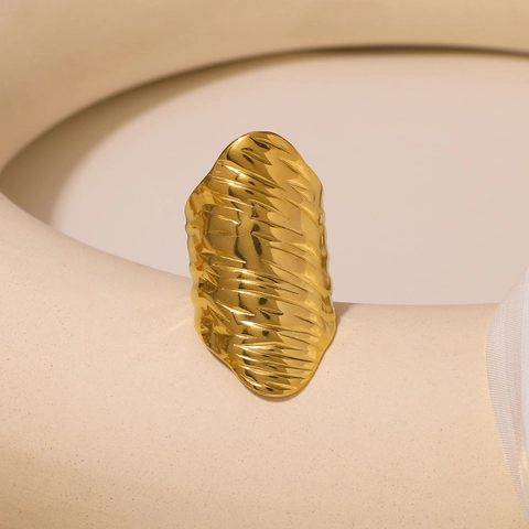 Bague Démesurée En Acier Inoxydable Femme Mode Plaqué Or Texture Ondulée Froissé Anneau Réglable