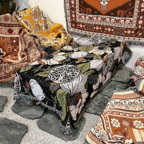 Coperta Intrecciata Cotone Frange Motivo Floreale Vintage Bohemien Copridivano Campeggio Picnic Arazzo Da Parete