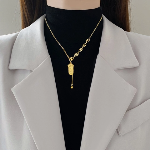 Titanium Steel Pig Nose Link Necklace With Auspicious Chinese Character Tag Pendant Minimalist Jewelry For Women