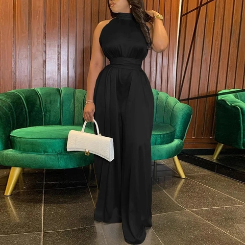 Women Elegant Halter Neck Sleeveless Jumpsuit Solid Color Wide Leg Long Pants With Sash Backless Satin Look Jumpsuit