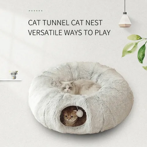 Soft Long Plush Cat Tunnel Bed Foldable Warm Pet House Nest With Hanging Toy Ball Large Indoor For Multi Cats Small Dogs