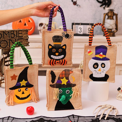 Sacchetti Caramelle Halloween Tela Di Iuta Sacchetti Regalo Festa Zucca Strega Scheletro Gatto Nero Disegni Manici A Strisce