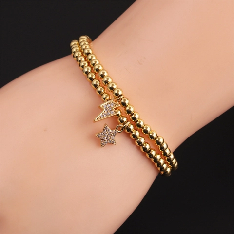 Gold Plated Copper Beaded Bracelet Women Fashion Elastic Jewelry With Star Lightning Rectangle Zircon Charms