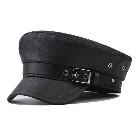 Berretto Newsboy Vintage In Pelle PU Cappello Militare Con Fibbia In Metallo Top Piatto Baker Boy Per Donna