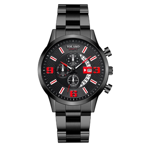 Yolako Men Quartz Watch Fashion Metal Strap Calendar Three Eye Design Business Sport Round Dial Analog Wristwatch For Men