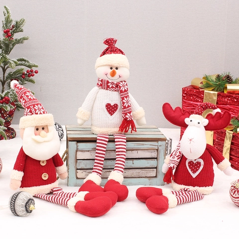 Poupées De Noël En Peluche Tricotées Père Noël Bonhomme De Neige Renne Assis Jambes Suspendues Décoration De Table Festive