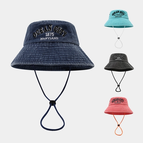 Cappello Da Pescatore In Cotone Lavato Con Corda Antivento Regolabile Tesa Larga Protezione Solare Ricamo Escursionismo All Aperto Unisex