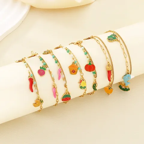 Edelstahl Fußkettchen Für Damen Vergoldet Mit Bunten Emaille Obst Gemüse Anhängern Und Perlen Boho Mode Schmuck