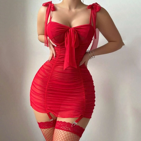 Camicia Da Notte In Rete Arricciata Sexy Con Decorazione A Fiocco E Giarrettiere Calze A Rete In Pizzo Per Donne