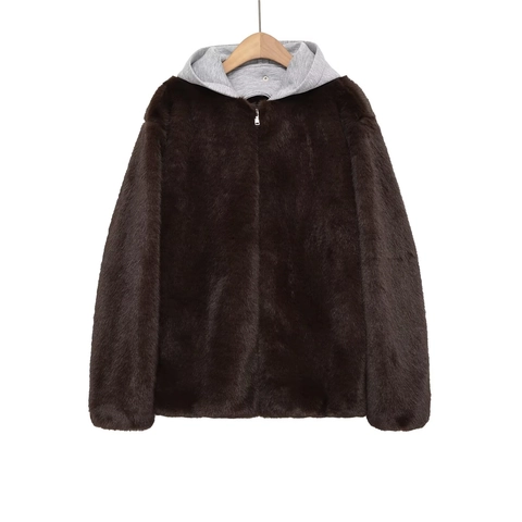Women Faux Fur Hooded Jacket Zip Up Long Sleeve Casual Contrast Color Sweatshirt Hood Coat Fashion Outerwear For Ladies