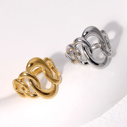 Geometric Irregular Chain Link Ring Stainless Steel Adjustable Open Band Punk Style For Women