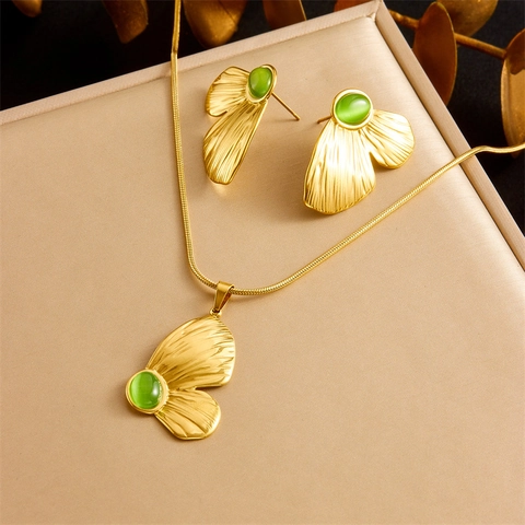 Collana Con Ciondolo A Farfalla Vintage E Orecchini In Acciaio Inossidabile Con Pietra Occhio Di Gatto Verde Donna
