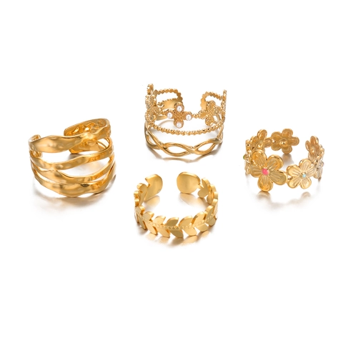 Damen Edelstahl Offener Ring Vergoldet Blume Kleeblatt Blatt Muster Mit Künstliche Perle Verstellbarer Fingerring