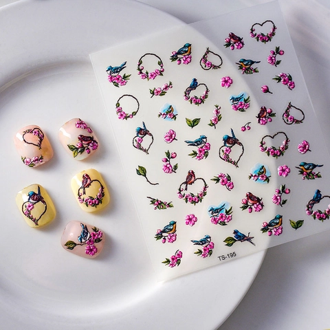 Stickers Ongles Relief 3D Motifs Couronnes Cœur Fleurs Oiseaux Autocollants Pour Manucure DIY Femmes