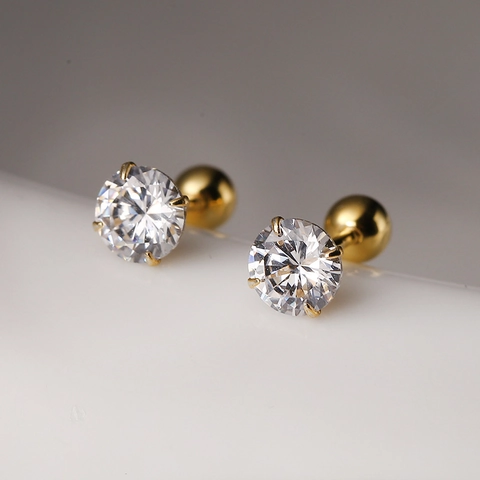 925 Sterling Silver Gold Plated Zirconia Stud Earrings Four-Prong Round Screw Back Minimalist Piercing Jewelry For Women