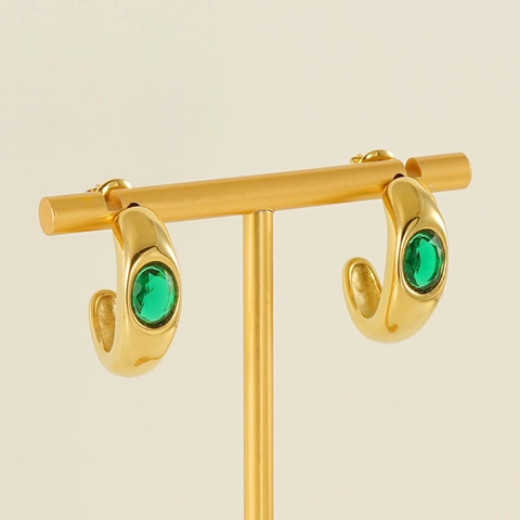 Ohrringe Aus 18 Karat Vergoldetem Edelstahl Mit Grünem Zirkonia C-Form Hoop Vintage Geometrischer Schmuck Damen