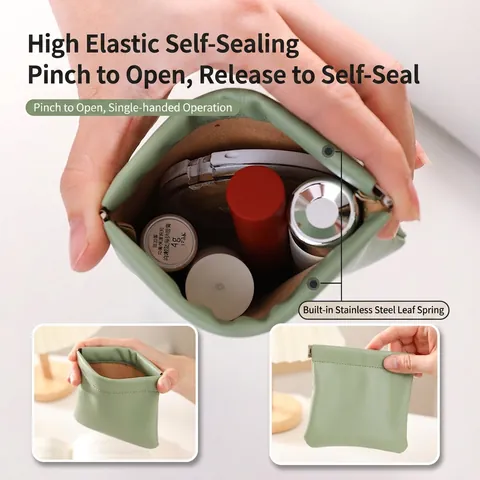 Mini PU Leather Cosmetic Bag Portable Squeeze Self Closing Coin Purse Waterproof Travel Pouch For Lipstick Earphone
