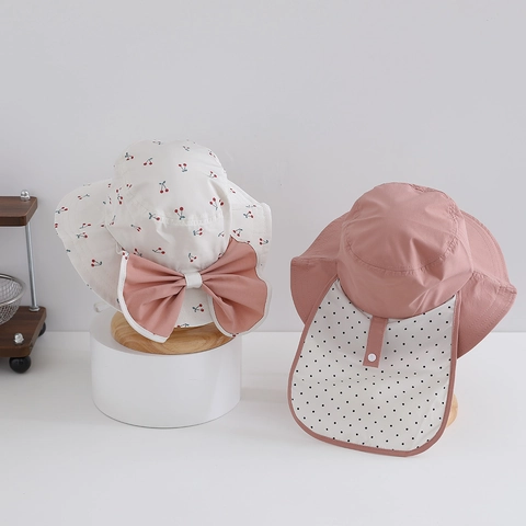 Girls Sun Hat With Neck Flap Wide Brim UV Protection Breathable Nylon Polyester Floral Cherry Polka Dot Big Bow Outdoor