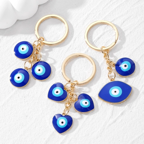 Evil Eye Schlüsselanhänger Blau Emaille Herz Rund Gold Legierung Vintage Türkischer Glücksbringer Schlüsselring Tasche Anhänger