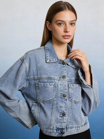 Women Denim Jacket Cotton Long Sleeve Cropped Jean Jacket Lapel Button Down With Pockets Casual Solid Color Vintage