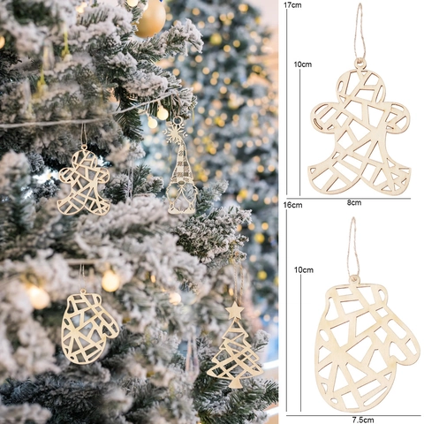 Wooden Christmas Ornaments Hollow Laser Cut Tree Decorations Natural Wood Bell Snowflake Reindeer Gingerbread Man Holiday Party Decor Pendants