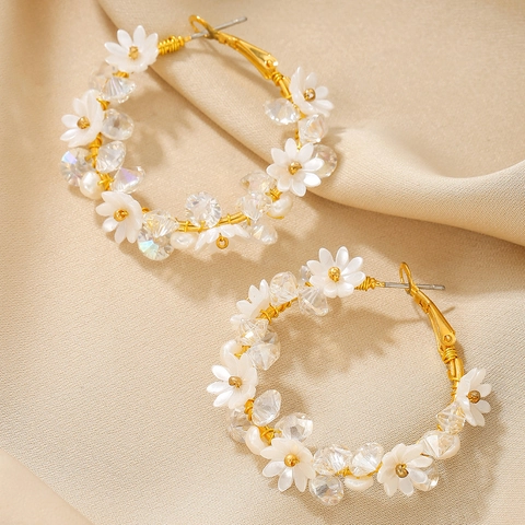 Elegante 18K Vergoldete Kupfer Blumen Ohrringe Für Damen Strass Künstliche Perle Floral Hoop Quaste Ohrstecker Schmuck