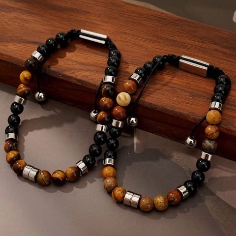 Men Natural Tiger Eye Stone Beaded Bracelet Black Agate Map Stone Adjustable Stainless Steel Minimalist Jewelry Gift