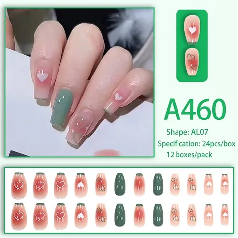 Uñas Postizas Largas Forma Ataúd Degradado Corazón Rosa Verde Desmontables Con Pegamento Estilo Dulce