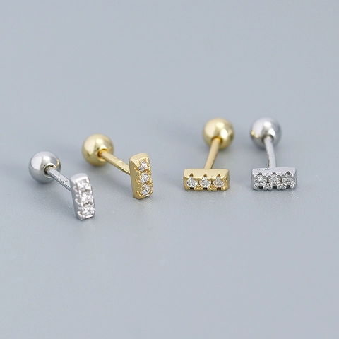925 Sterling Silber Bar Ohrstecker Mit Zirkonia Schraubverschluss Kugel Piercing Schmuck Für Damen