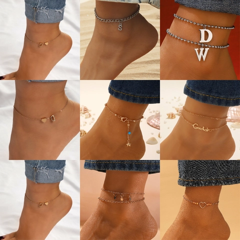 Boho 26 Initial Letter Anklets for Women Alloy Heart Star Butterfly Pendant Foot Jewelry Vacation Beach Simple Adjustable Anklet