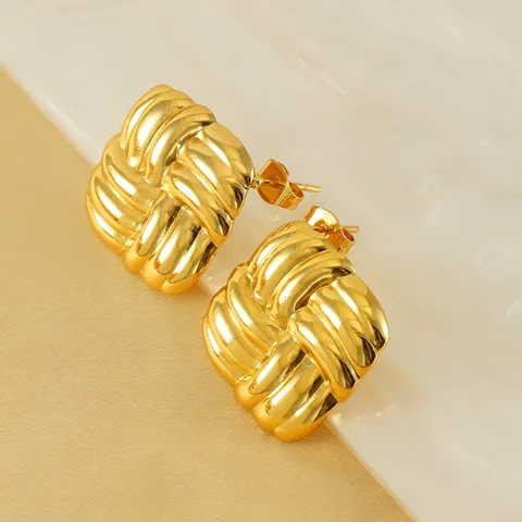 Square Stud Earrings Gold Plated Stainless Steel Woven Texture Vintage Geometric Fashion Jewelry For Women