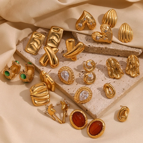 Geometric Stud Earrings 18K Gold Plated Stainless Steel With Zircon And Natural Stone Vintage French Style Women