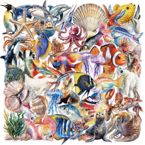 Watercolor Marine Life Stickers Pack Transparent PET Waterproof Sea Animal Decals For Scrapbooking Journaling DIY Decoration