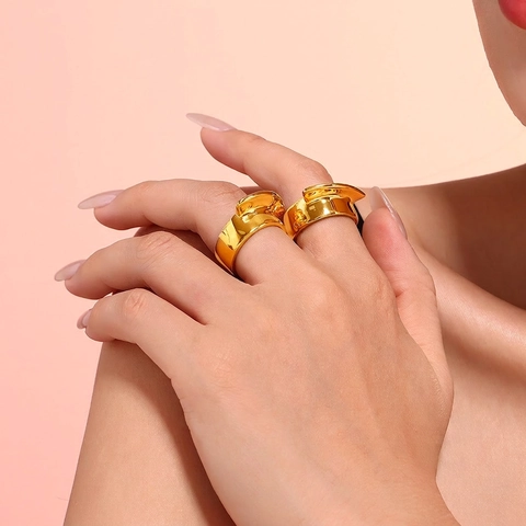 Women 18K Gold Plated Titanium Steel Ring Geometric Convex Design Sculptural Wide Finger Ring Minimalist Jewelry Gift