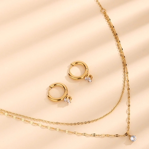 Jewelry Necklace And Earrings Minimalist Double Layer Stainless Steel Zircon Shiny Gold Plated Fashion For Women