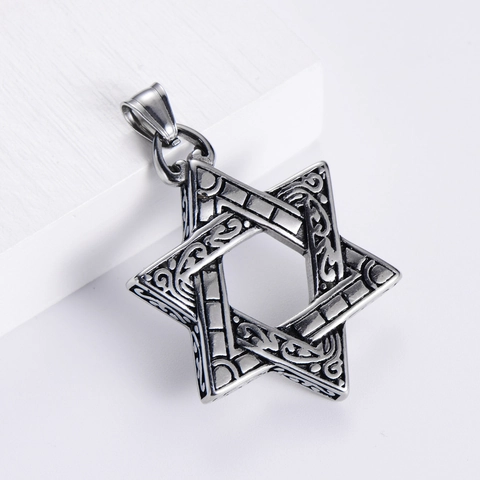 Star Of David Hexagram Pendant Necklace 304 Stainless Steel Retro Engraved Floral Pattern Unisex Jewelry