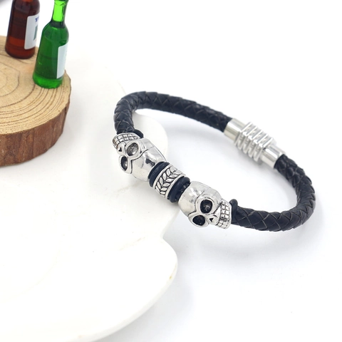 Men Braided Leather Bracelet With Alloy Skull Beads Punk Vintage Gothic Style Magnetic Clasp