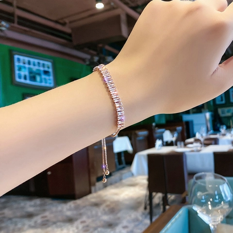 Bracciale In Zirconia Baguette Rame Cordino Regolabile Gioielli Minimalisti Per Donne Elegante Accessorio Scintillante