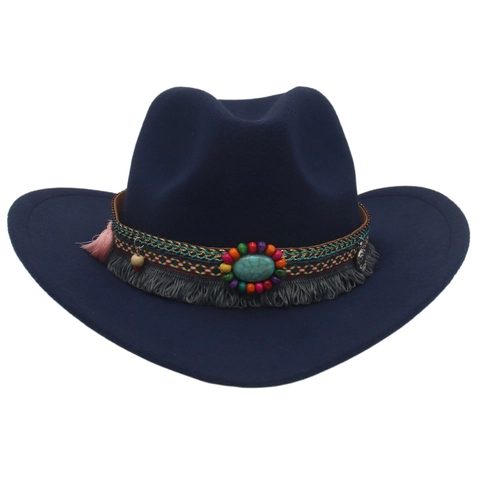 Western Cowboy Hat Wool Felt Ethnic Bohemian Fedora With Faux Turquoise Tassel Beads Vintage Jazz Cap For Women Men