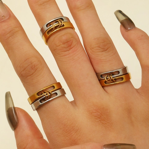 304 Stainless Steel Two-Tone Interlocking Hollow Ring Modern Geometric Double Layer Stacking Spinner Ring For Women Men Jewelry