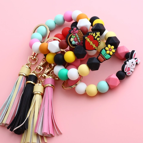 Silikon Perlen Armband Schlüsselanhänger Mit Quaste Hase Herz Kreuz Anhänger Jesus Muster Religiöse Ostern Schmuck Zubehör