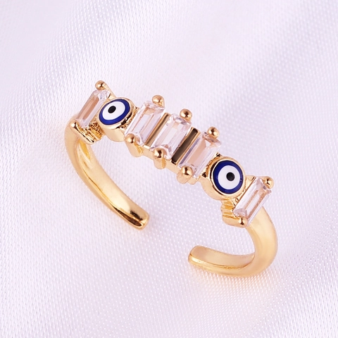Evil Eye Verstellbarer Offener Ring Kupfer Vergoldet Rechteckiger Zirkonia Boho Mode Schmuck Geschenk Damen