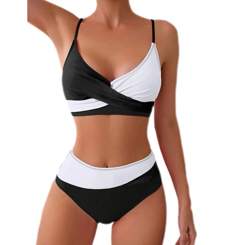 Women Bikini Top And High Waisted Bottom Color Block Cross Wrap Swimwear Polyester Bathing Suit Beachwear