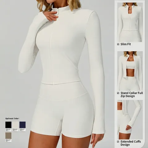 Women Yoga Jacket Ribbed Slim Fit Full Zip Stand Collar Thumb Holes Breathable Workout Running Activewear