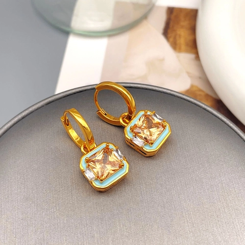 Orecchini a Cerchio Vintage in Ottone con Zirconia Eleganti Smalto Geometrico Champagne Rosso Blu Verde Pietra Orecchini Donna Gioielli